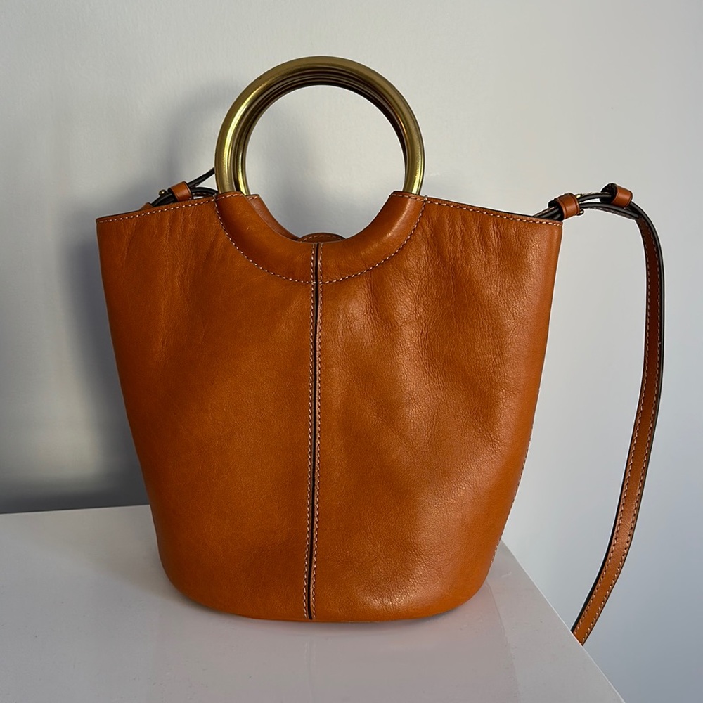 JCrew crossbody tan bucket bag with metal handles